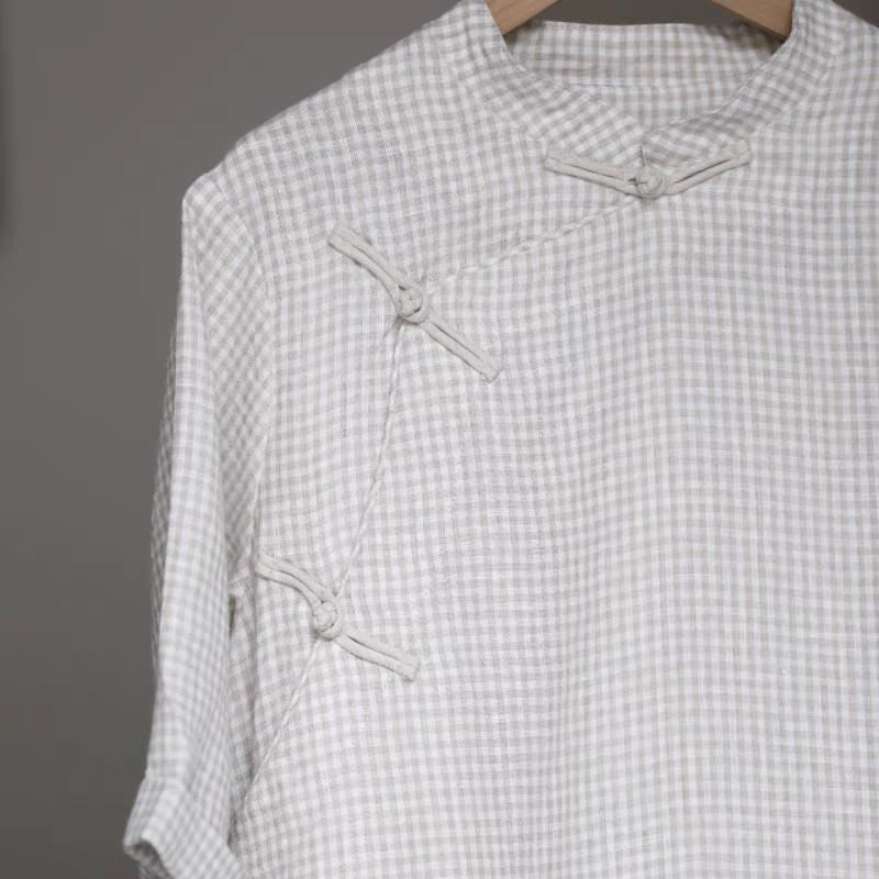 Camisa china a cuadros, Top Hanfu de lino, Blusa retro, Camisa Zen Guinga, Camisa Cheongsam minimalista, Top para la ceremonia del té