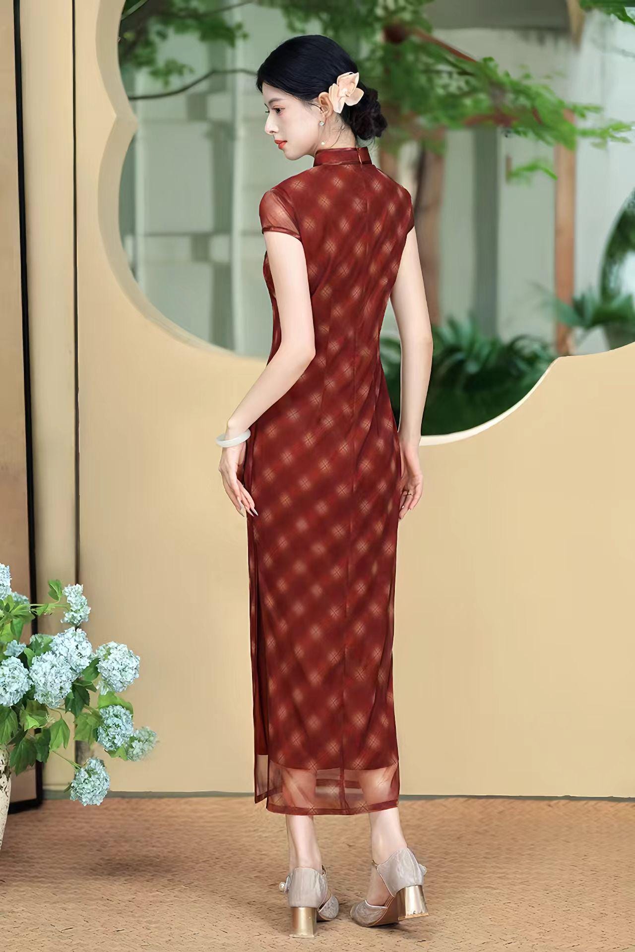 Tencel Sheer Qipao Dress, Red Plaid Cheongsam Gown, Traje de Invitada de Boda, Vestido Cheongsam de Malla Vintage, tallas grandes M-5XL