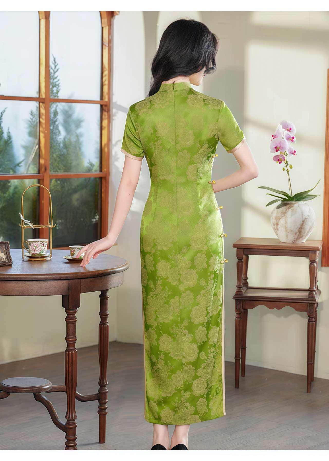 Qipao Brocado Verde, Elegante Cheongsam,Qipao Primavera Verano, Vestido Formal Oriental, Vintage,Cheongsam Invitada de Boda,Ceremonia del Té