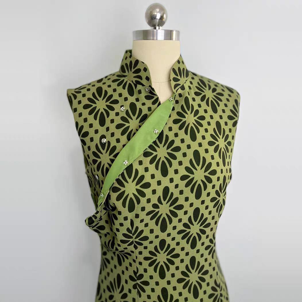 Qipao verde vintage, Vestido Cheongsam sin mangas, Vestido chino, Vestido de noche de estilo asiático, Vestido moderno de mediados de siglo