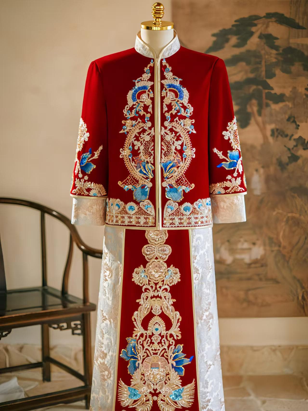 Luxury Chinese Wedding Robe, Vintage Red Silk Velvet Wedding Dress, Dragon Phoenix Embroidered Wedding Suit, Traditional Chinese Wedding