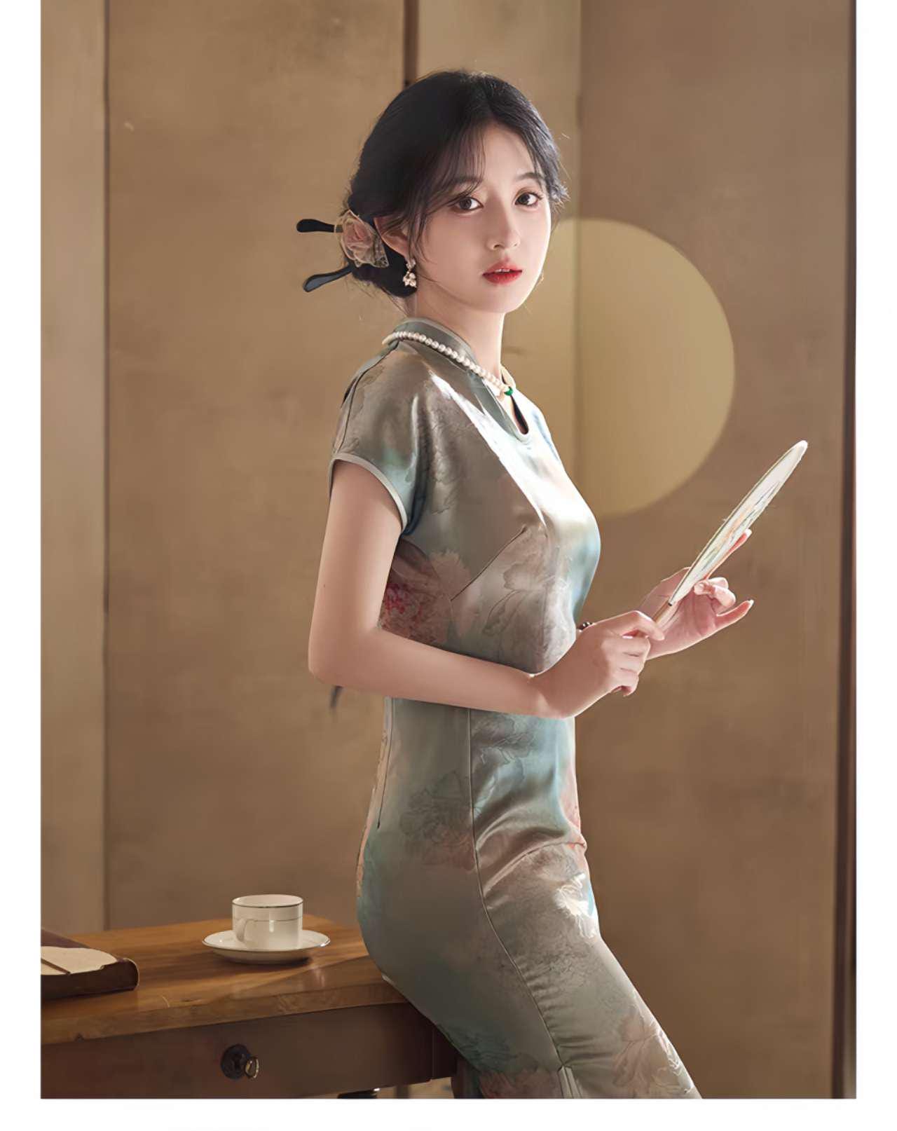 Qipao con Cuello de Gota de Agua, Cheongsam Vintage, Qipao con Aspecto de Seda Suave, Qipao Primavera Verano, Vestido Tradicional Chino