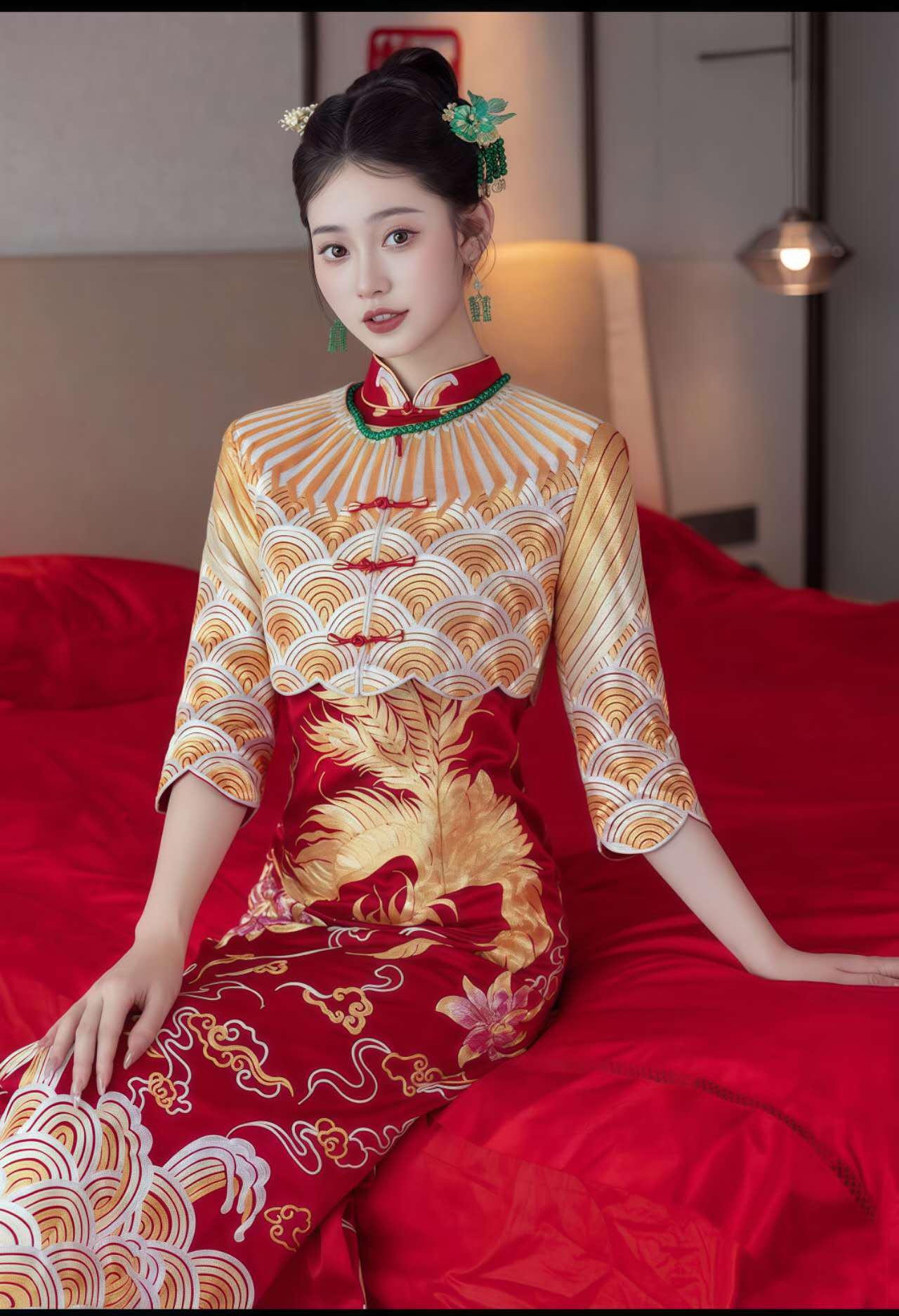 Boda China Qipao Set, Phoenix Dragon Cheongsam Dress, Satin Bridal Dress, Red Gold Chinese Gown,Vintage Two Piece Qipao,Hanfu Inspired Dress