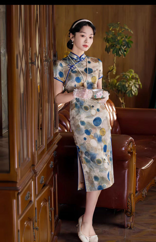 Vestido Qipao de Lunares, Vestido Chino Vintage de Lunares, Qipao Chic de Oficina, Vestido Estilo Asiático Moderno, Qipao Clásico para Mujer