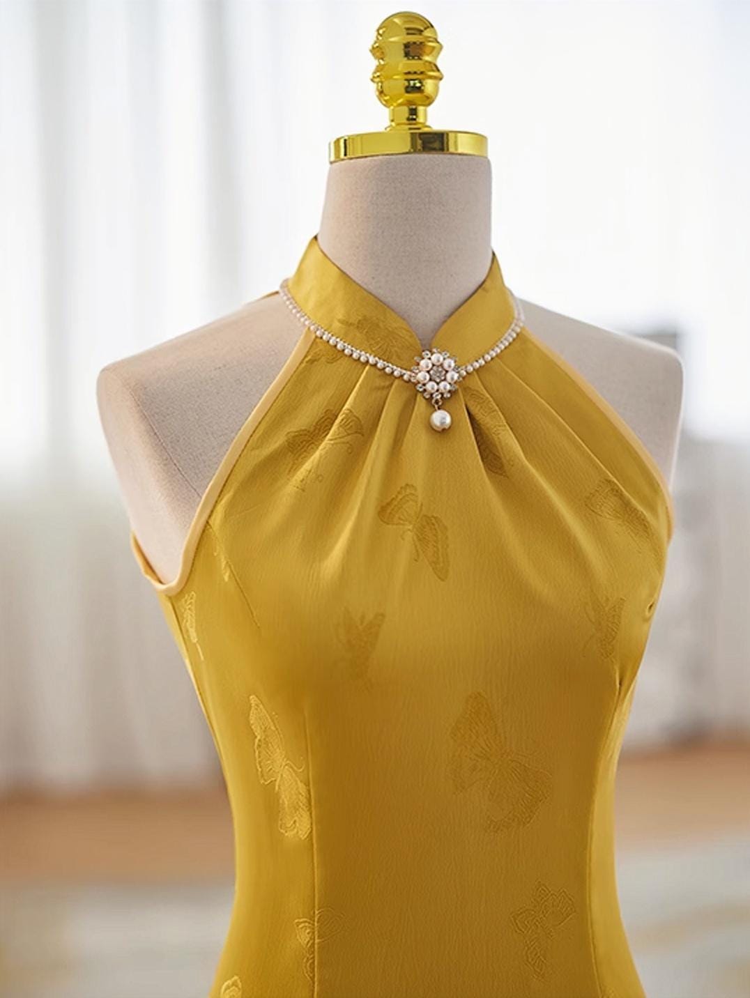 Cuello Halter Vestido Cheongsam, Sexy Amarillo Vestido Qipao, Vintage Vestido Chino,tallas grandes S a 5XL, Halter Vestido,regalo para ella