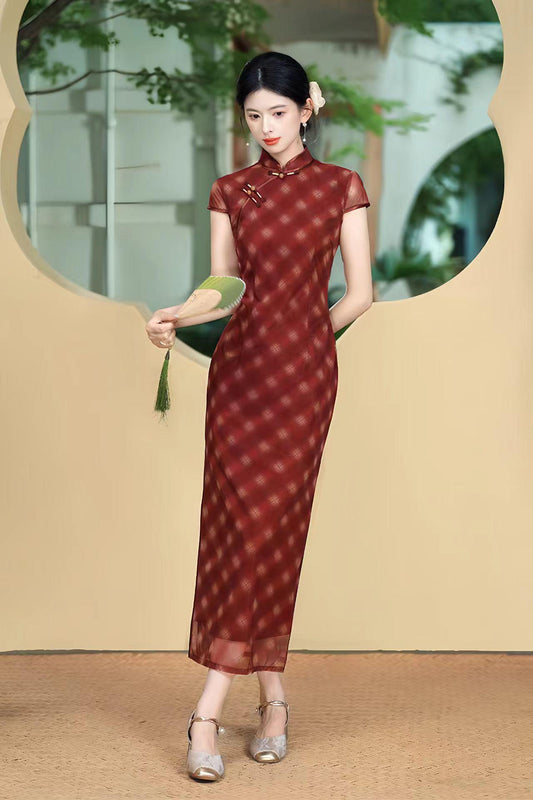 Tencel Sheer Qipao Dress, Red Plaid Cheongsam Gown, Traje de Invitada de Boda, Vestido Cheongsam de Malla Vintage, tallas grandes M-5XL