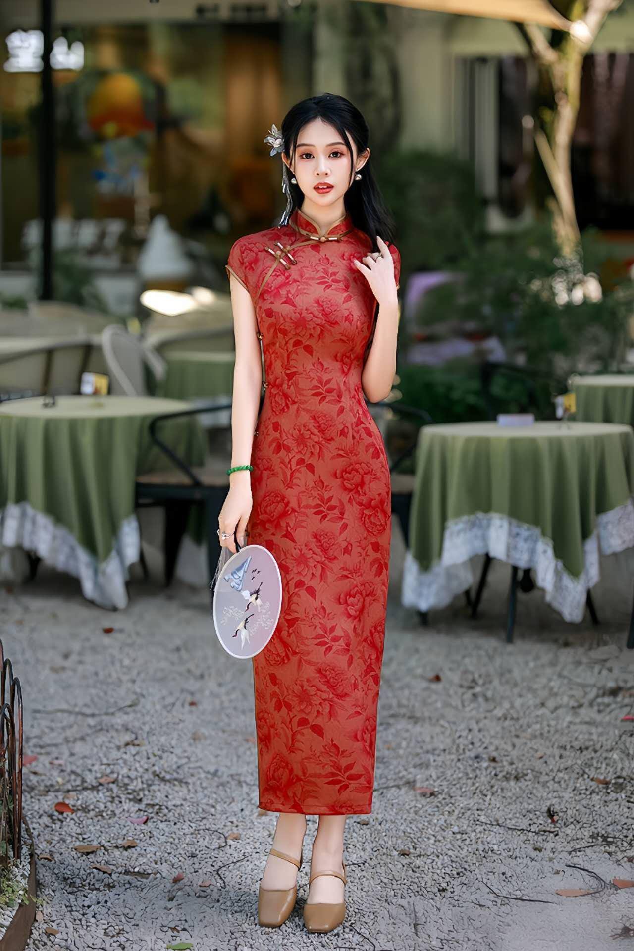 Vestido Qipao Brocado Rojo, Elegante Cheongsam Chino, Vestido Regalo Madre Asiática, Vestido Retro Té Oriental, Vestido Largo