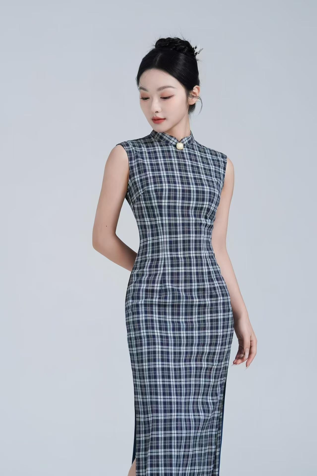 Vestido Qipao de Algodón a Cuadros, Vestido Largo Cheongsam a Rayas, Vestido Casual Chino de Verano, Conjunto Vintage Oriental, Vestido Tang