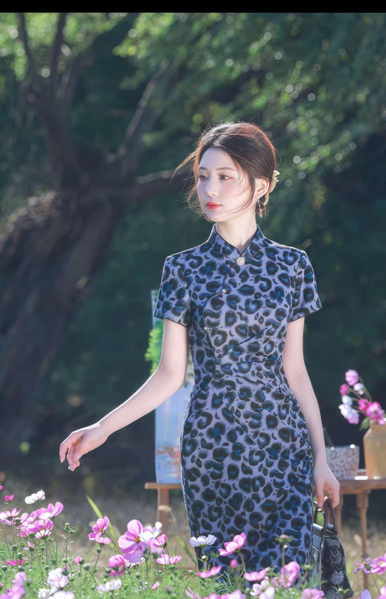 Leopard print qipao, blue cheongsam dress, knitted qipao dress, bold oriental dress, sexy mandarin dress, Y2K Asian dress