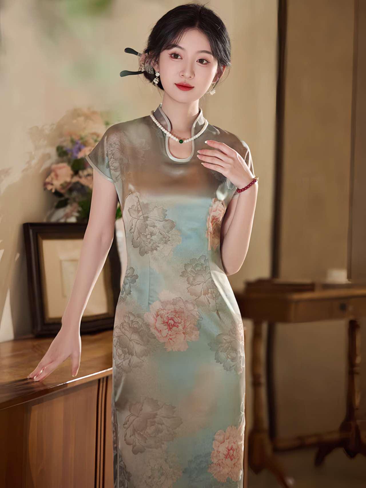 Qipao con Cuello de Gota de Agua, Cheongsam Vintage, Qipao con Aspecto de Seda Suave, Qipao Primavera Verano, Vestido Tradicional Chino
