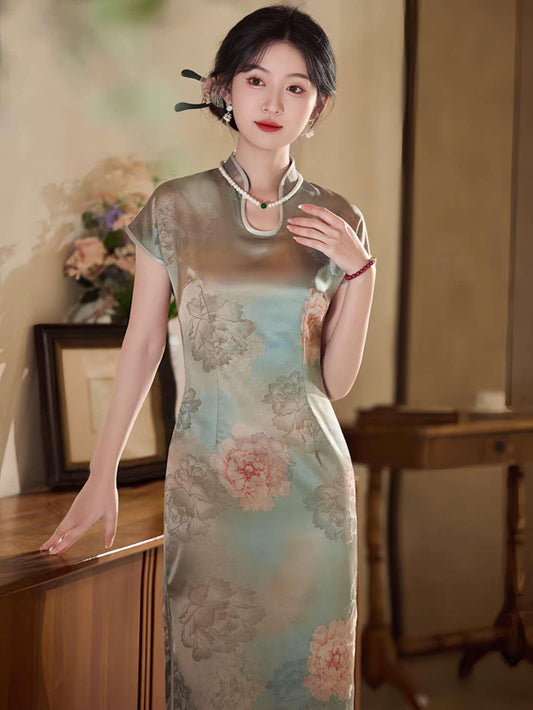 Qipao con Cuello de Gota de Agua, Cheongsam Vintage, Qipao con Aspecto de Seda Suave, Qipao Primavera Verano, Vestido Tradicional Chino
