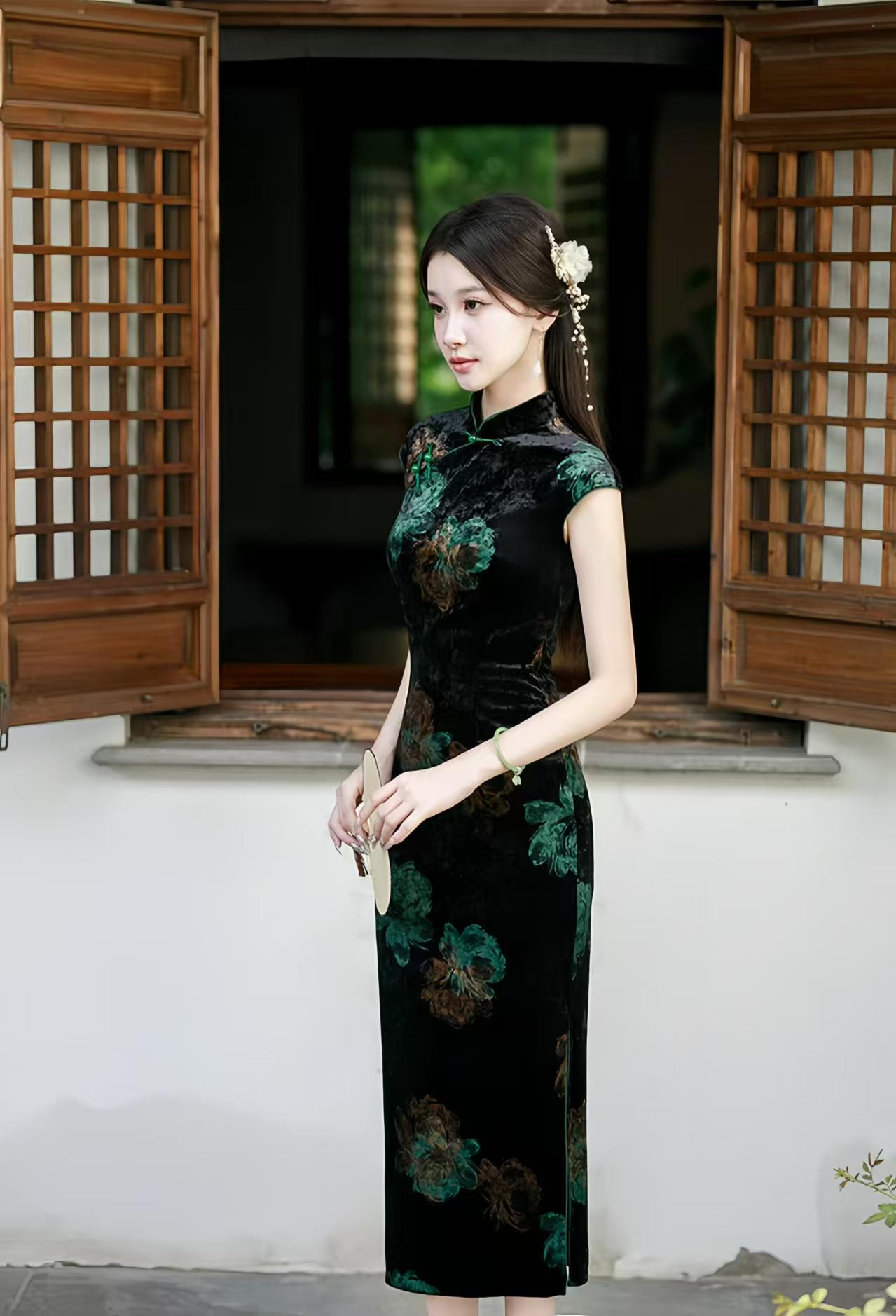 Vintage Long Peony Qipao, Floral Embroidery Velvet Cheongsam, Elegant Chinese Style Evening Dress, Peony Print, High Quality Silk