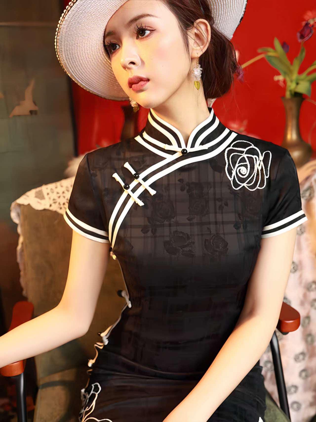 vestido cheongsam negro vintage, qipao elegante de noche estilo Shanghái, vestido chino con rosas bordadas,Vestido Vintage Elegante para Té