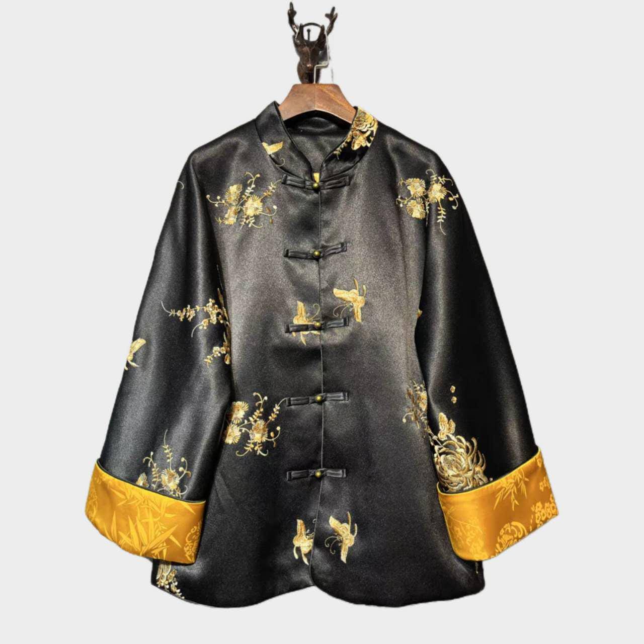 Chaqueta de seda china Tang, Abrigo negro,Blazer con bordado de grulla dragón,Bata  vintage,Chaqueta estilo asiático,Traje formal de Kung Fu