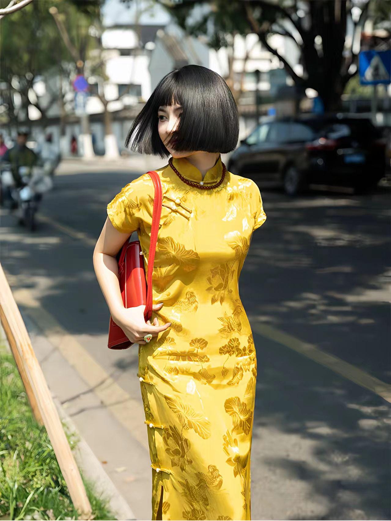 Vestido Cheongsam Dorado, Elegante Vestido Qipao, Vestido Amarillo, Vestido Floral, Estilo Vintage Chino, Traje para la Ceremonia del Té
