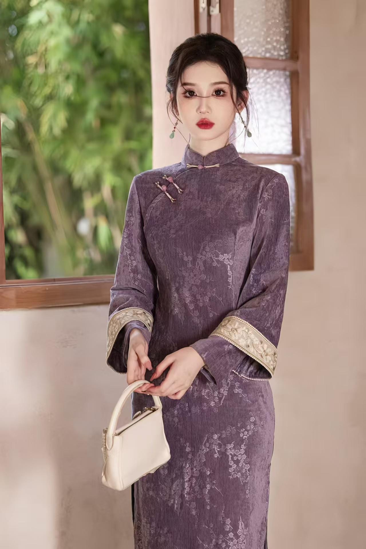 Purple Chenille Qipao, Plum Blossom Print Cheongsam, Vintage Chinese Dress, Elegant Oriental Dress, Luxury Retro Costume