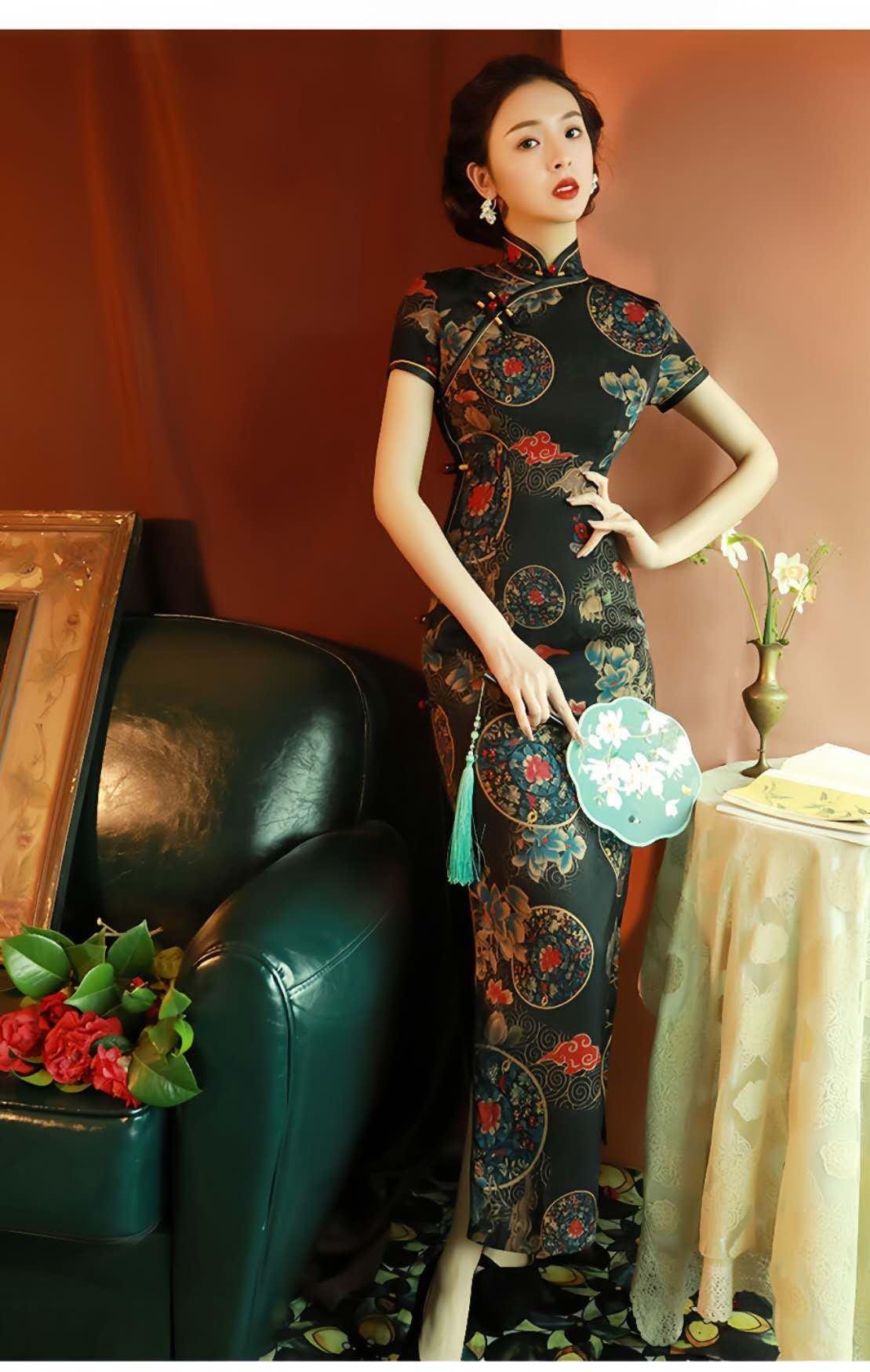Vintage Chinese Cheongsam - Elegant Evening Dress with Lucky Cloud and Orchid Motif - Unique Printed Oriental Dress