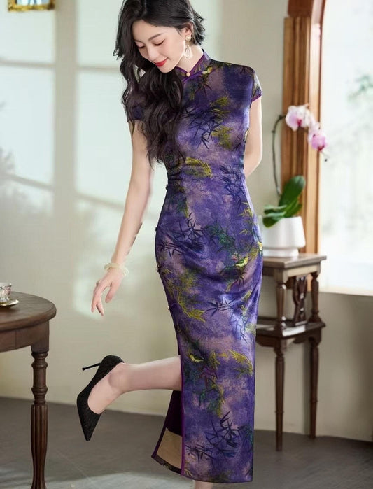 vestido qipao bambú violeta, qipao púrpura sofisticado, Vestido Cheongsam Moderno,  Vestido Vintage Elegante para Té, regalo para ella