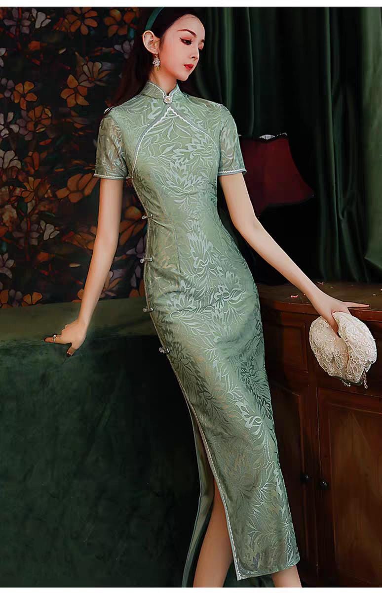 Green Lace Qipao Dress, Vintage Cheongsam, Elegant Chinese Evening Dress, Long Formal Dress, Oriental Wedding Guest Dress