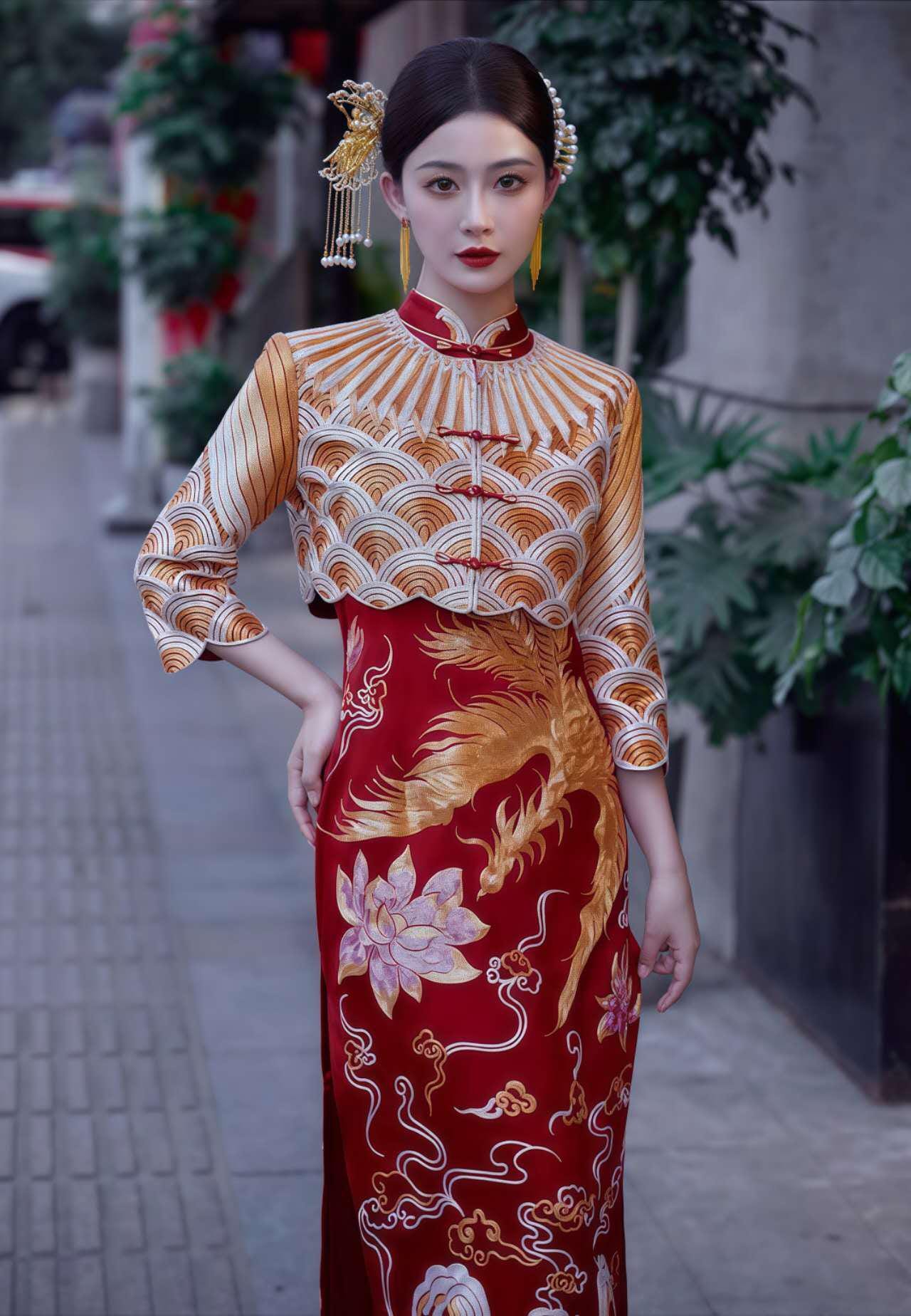 Boda China Qipao Set, Phoenix Dragon Cheongsam Dress, Satin Bridal Dress, Red Gold Chinese Gown,Vintage Two Piece Qipao,Hanfu Inspired Dress