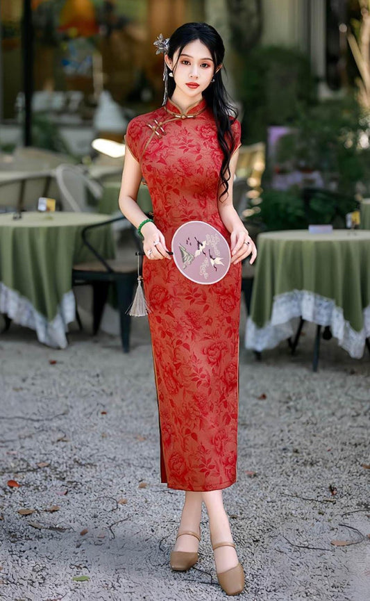 Vestido Qipao Brocado Rojo, Elegante Cheongsam Chino, Vestido Regalo Madre Asiática, Vestido Retro Té Oriental, Vestido Largo