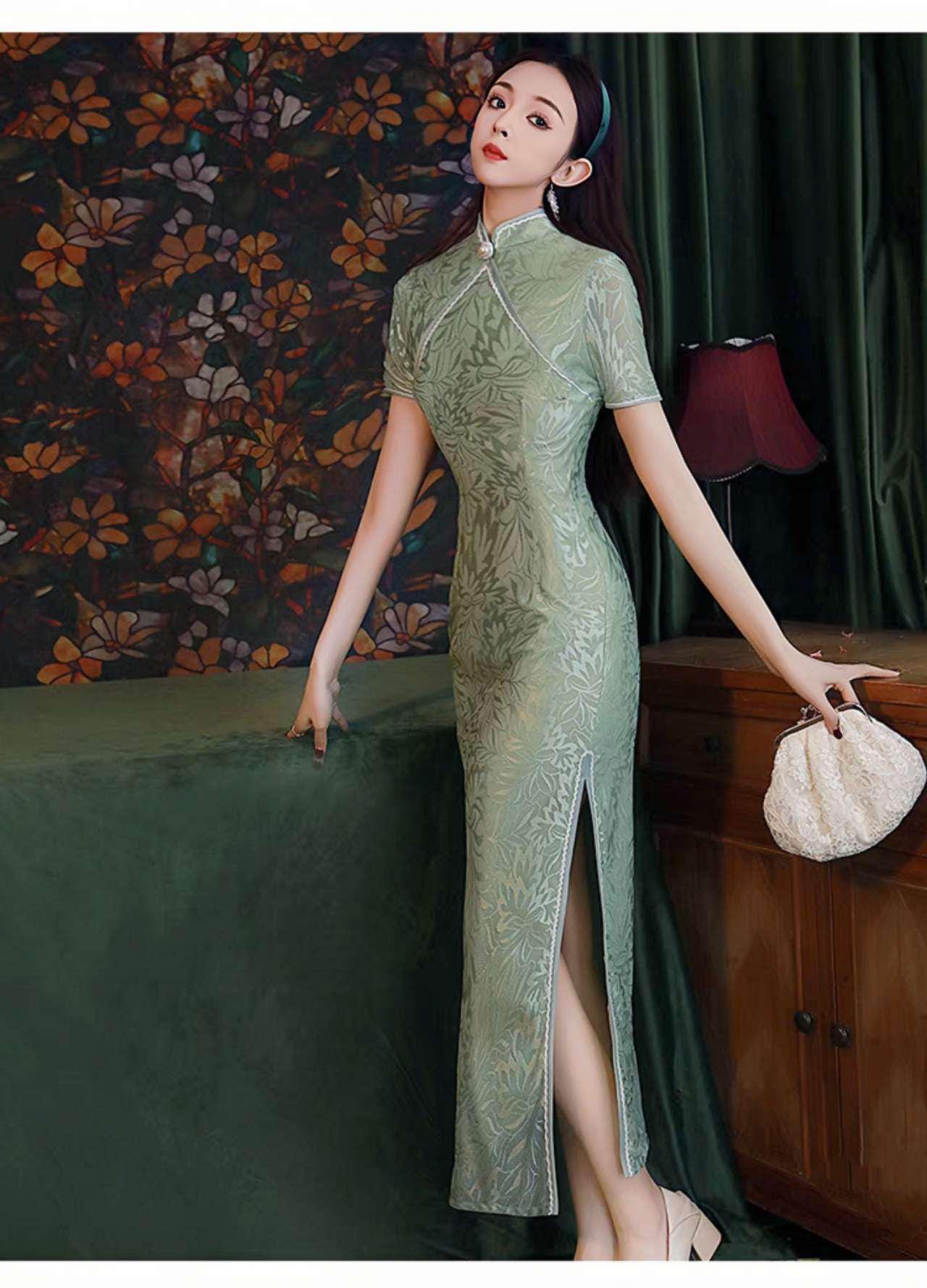 Green Lace Qipao Dress, Vintage Cheongsam, Elegant Chinese Evening Dress, Long Formal Dress, Oriental Wedding Guest Dress