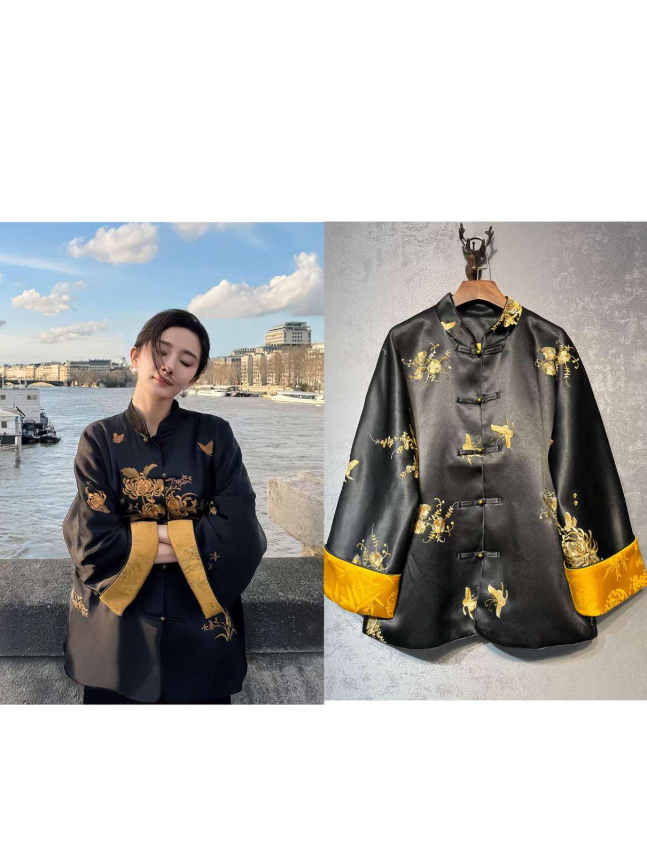 Chaqueta de seda china Tang, Abrigo negro,Blazer con bordado de grulla dragón,Bata  vintage,Chaqueta estilo asiático,Traje formal de Kung Fu