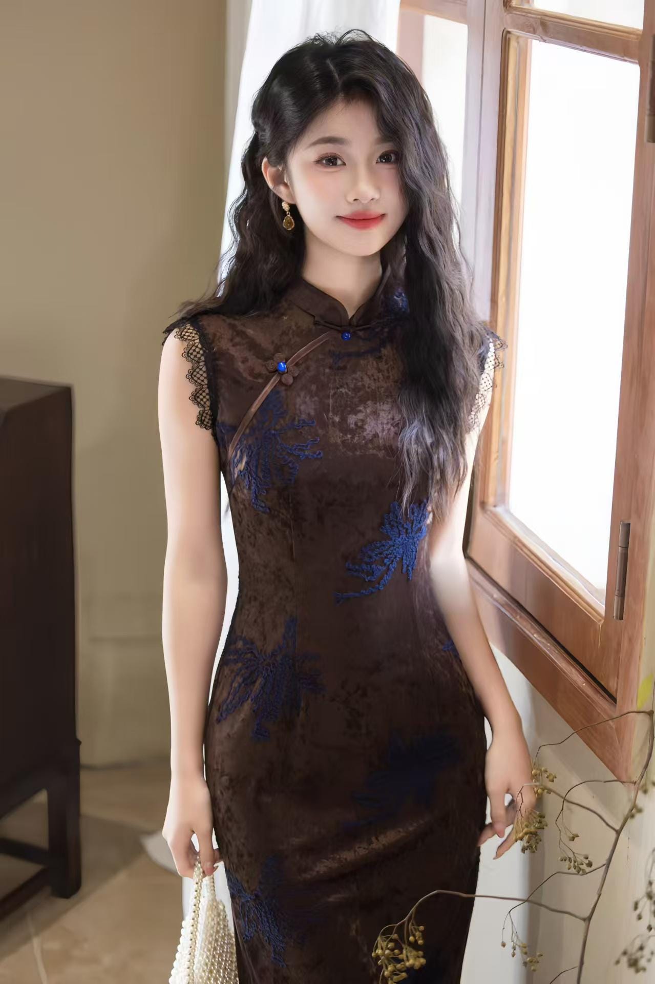 Velvet Qipao Dress with Diamonds, Coffee Brown Cheongsam with Blue Embroidery, Elegant Chinese Midi Dress with Lace Trim, Autumn Luxury
