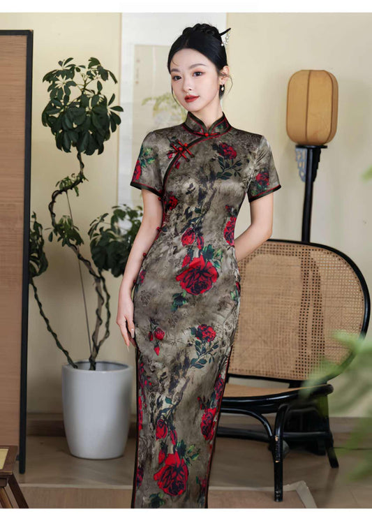 Qipao Rosa Vintage, Elegante Cheongsam Jacquard, Vestido Retro Chino, tallas grandes M-4XL,Vestido para Ceremonia del Té,Regalo para ella