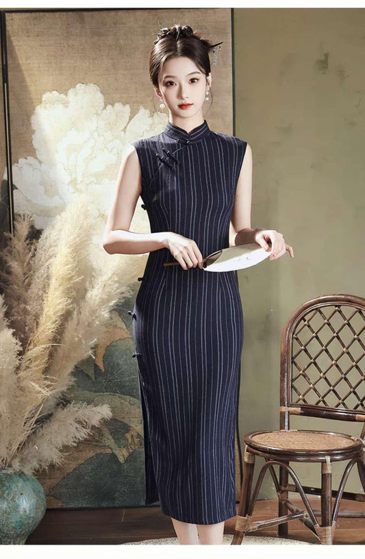 Cheongsam de rayas marinas, Vestido Qipao de lino de algodón, Vestido chino minimalista, Elegante Qipao de oficina, Vestido clásico vintage