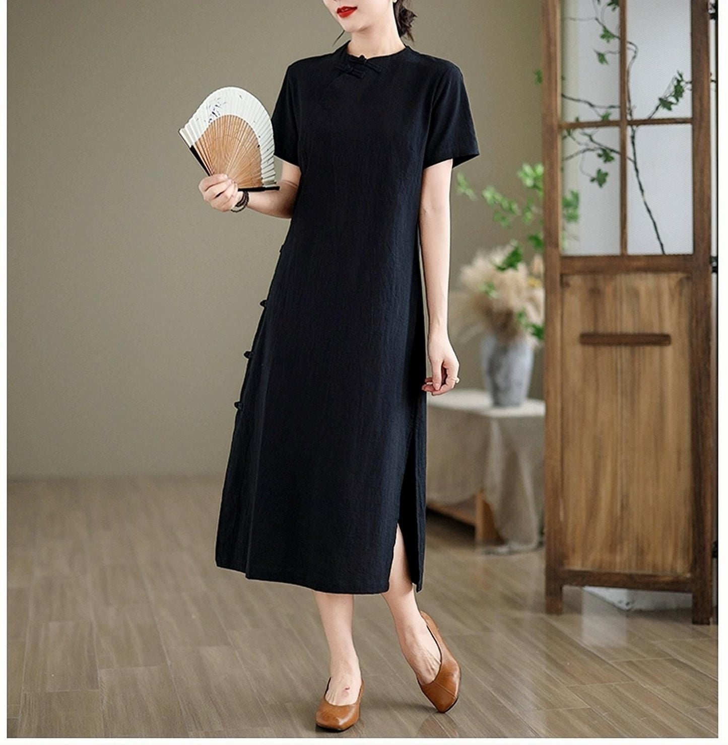 Zen Linen Dress, Japanese Style Dress, Black Cotton Midi Dress, Wabi Sabi Minimal Dress, Vestido de Tejido Natural, Vestido Suelto,vintage