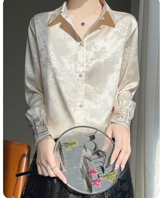 Blusa Elegante de Satén para Mujer con Puños Bordados Florales - Camisa Chic Vintage – Camisa con botones – Tallas grandes L-5XL