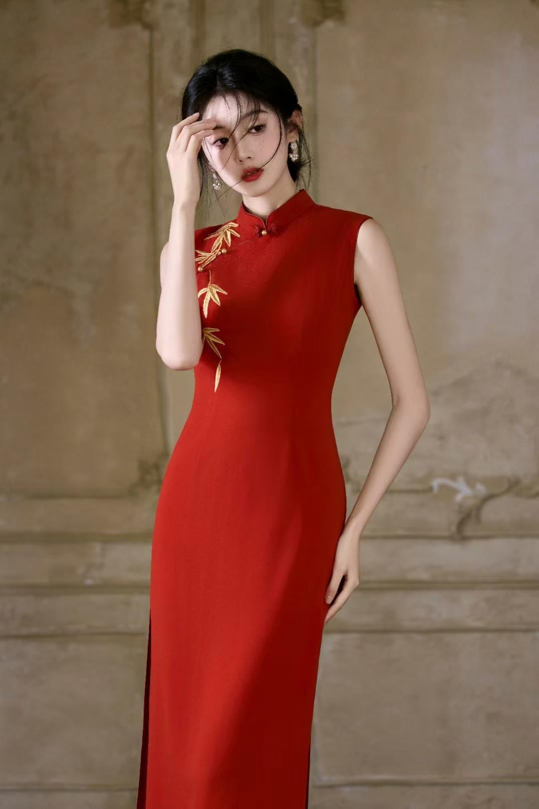 Luxury Satin Embroidered Qipao, Double-Layer Cheongsam Dress, Elegant Gown with Mandarin Collar, Vintage Chinese Evening Dress, Weddings and Parties