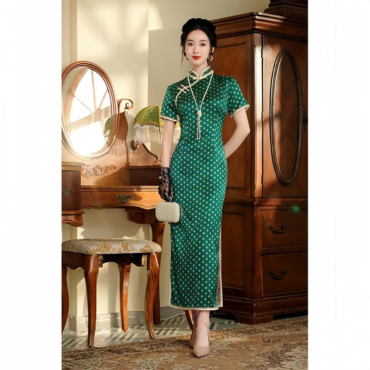 Vintage Polka Dot Qipao, French Style Cheongsam Dress, Retro Shanghai Tea Green Dress, Republic of China Period Fashion, Plus Size