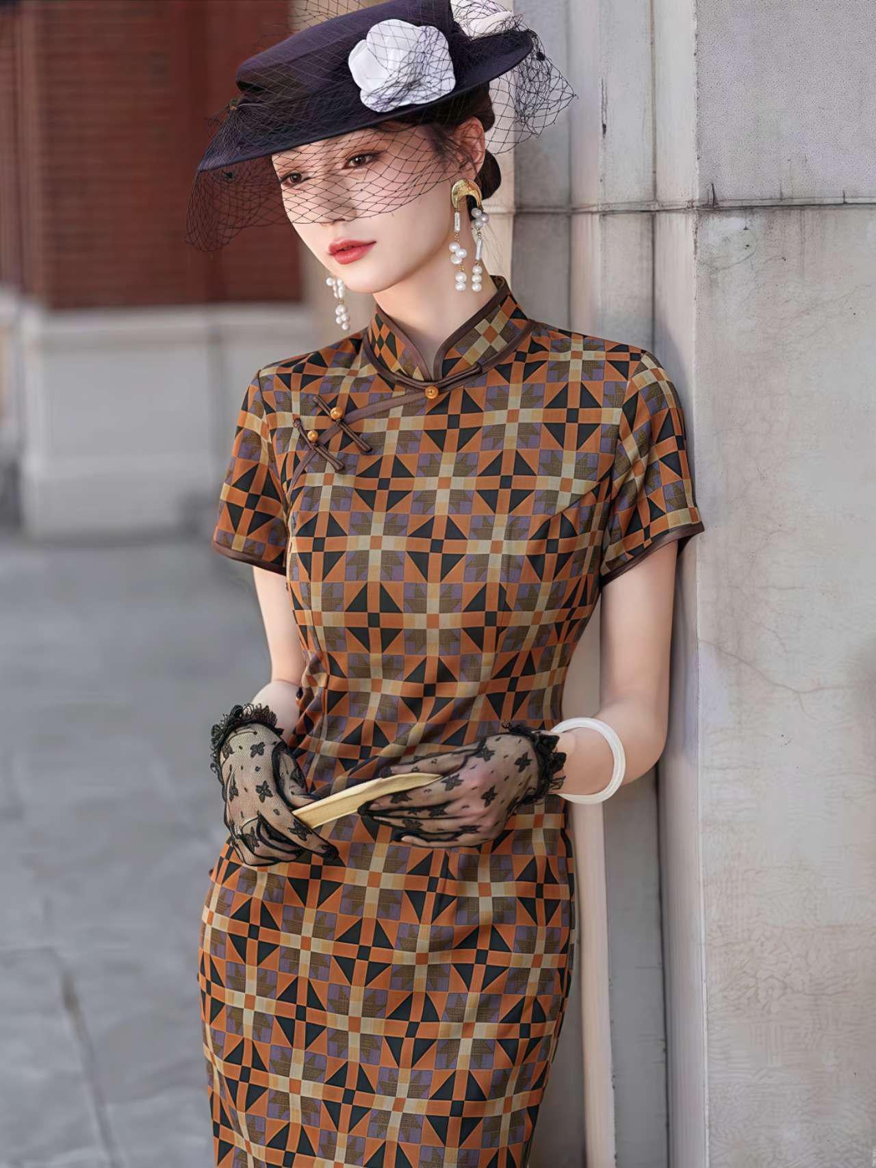 Vestido Qipao Vintage,Vestido Cheongsam Retro,Vestido de Raso Chino,Qipao Estilo Años 20,Cheongsam Estampado Geométrico,Vestido Chino Gatsby