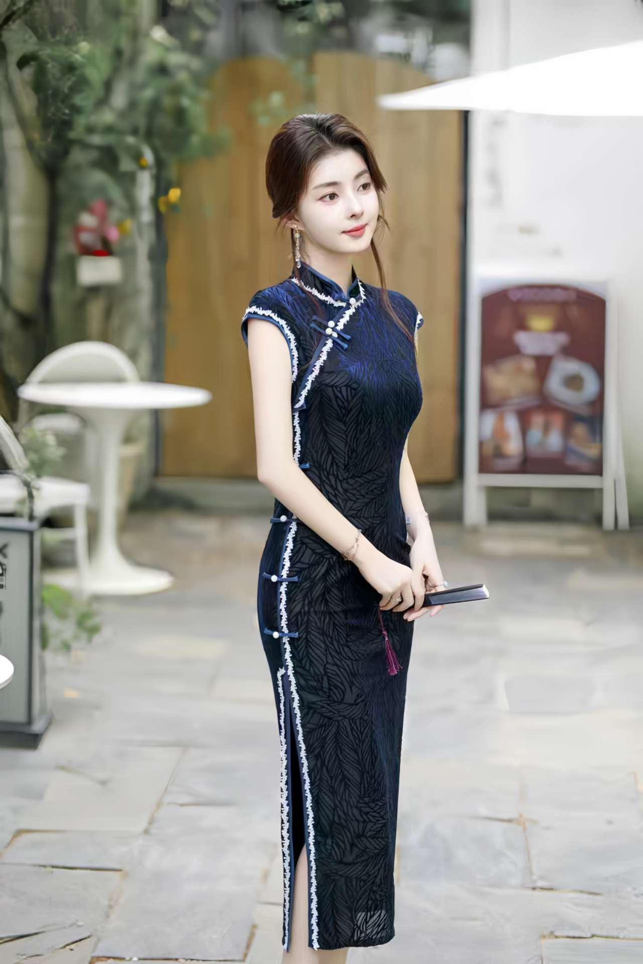 Vestido Qipao Hoja de Terciopelo, Cheongsam Chino Azul Oscuro, Vestido Oriental Vintage, Elegante Qipao de Fiesta, Qipao Retro Clásico