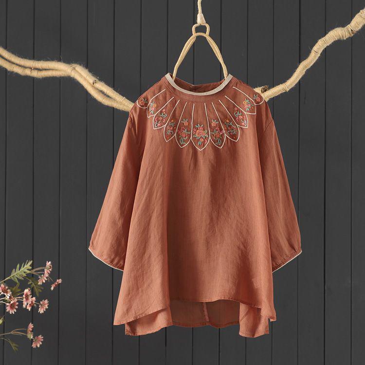 Camisa floral étnica de estilo vintage - Túnica de lino de algodón con bordado popular-  Blusa para mujer inspirada en el arte popular chino