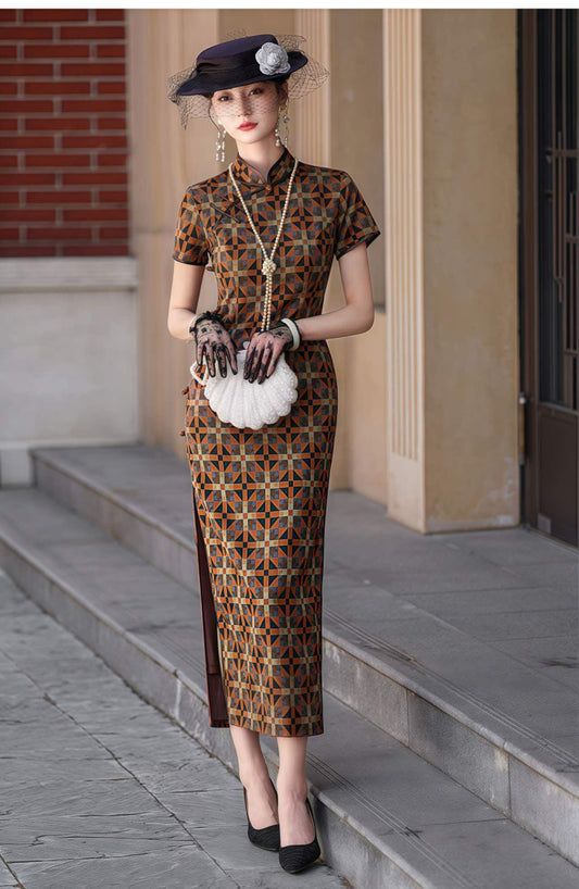 Vestido Qipao Vintage,Vestido Cheongsam Retro,Vestido de Raso Chino,Qipao Estilo Años 20,Cheongsam Estampado Geométrico,Vestido Chino Gatsby