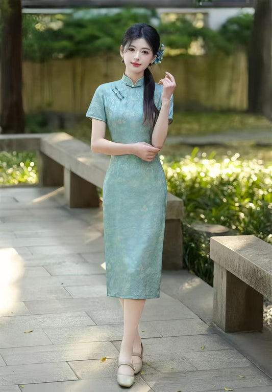 Light Blue Jacquard Floral Qipao, Elegant Vintage Cheongsam Dress, Chinese Oriental Dress, Gift for Her, Chinese Wedding Guest, Oriental