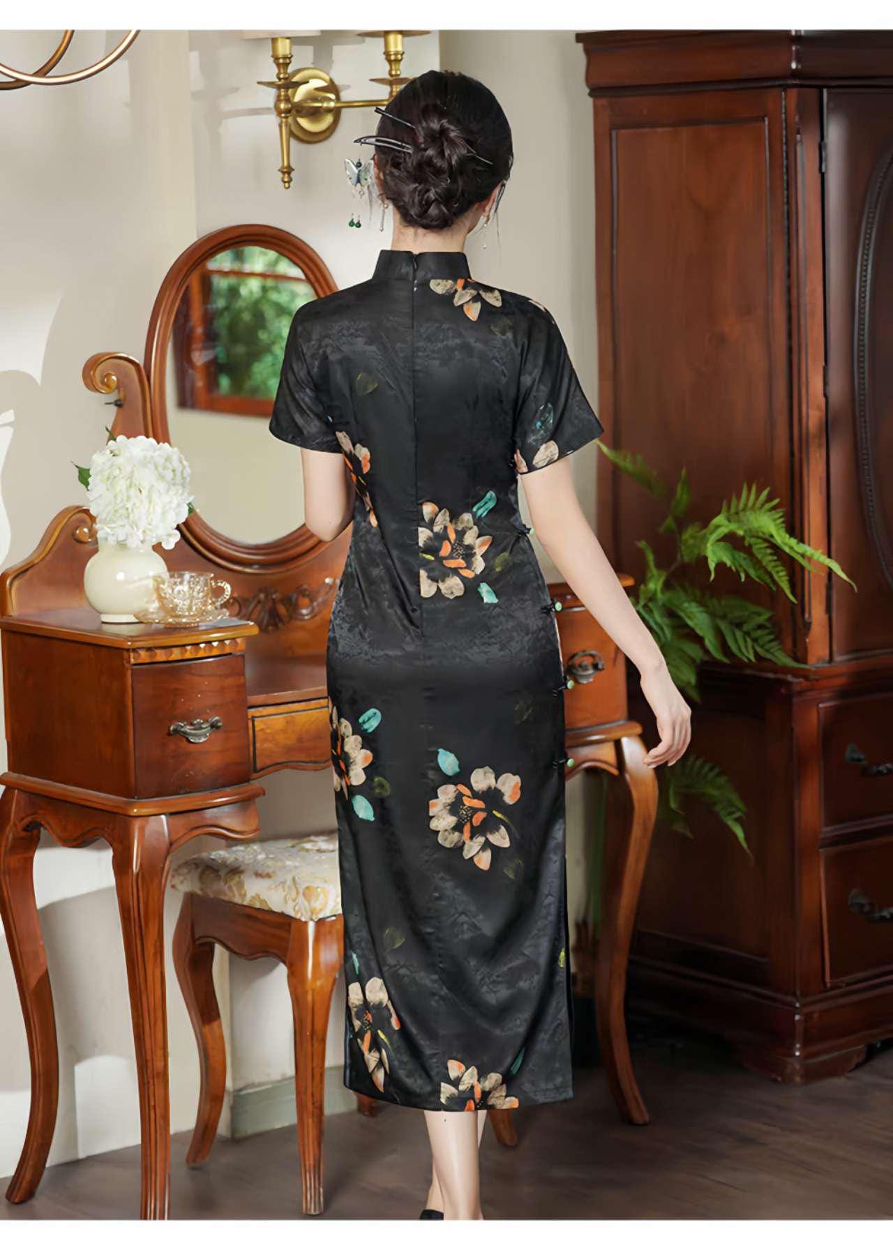 Qipao de jacquard negro, Vestido Cheongsam chino, Vestido Chino Vintage, tallas grandes M-4XL,Vestido para Ceremonia del Té,Regalo para ella