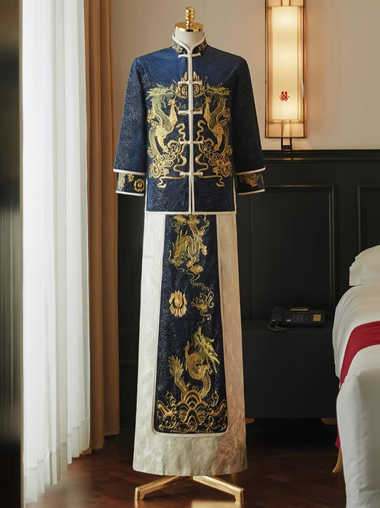 Traje de Novio Boda China, Bata Bordada Dragón Fénix, Chaqueta Tang,Traje Tradicional Hanfu,Ceremonia de Té de Boda,Look de Compromiso Chino