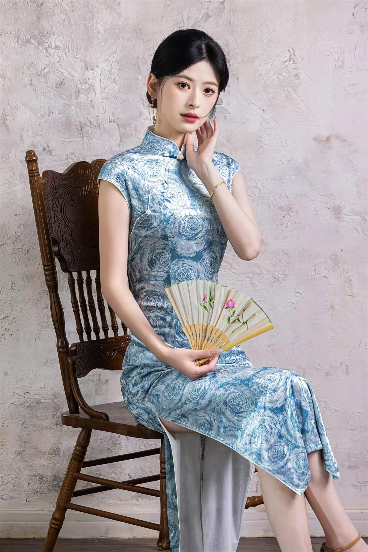 Pink Jacquard Velvet Qipao, Blue Vintage Cheongsam Dress, Elegant Autumn Oriental Dress, Gift for Her, Chinese Style Cocktail Party