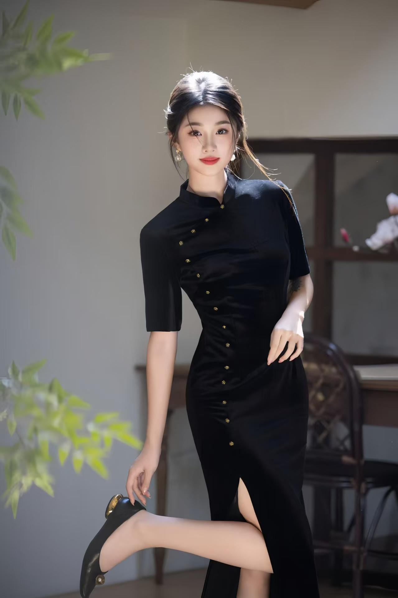 Minimalist Velvet Qipao Dress, Black Cheongsam with Gold Buttons, Elegant Midi Oriental Dress, Luxury Chinese Autumn Dress
