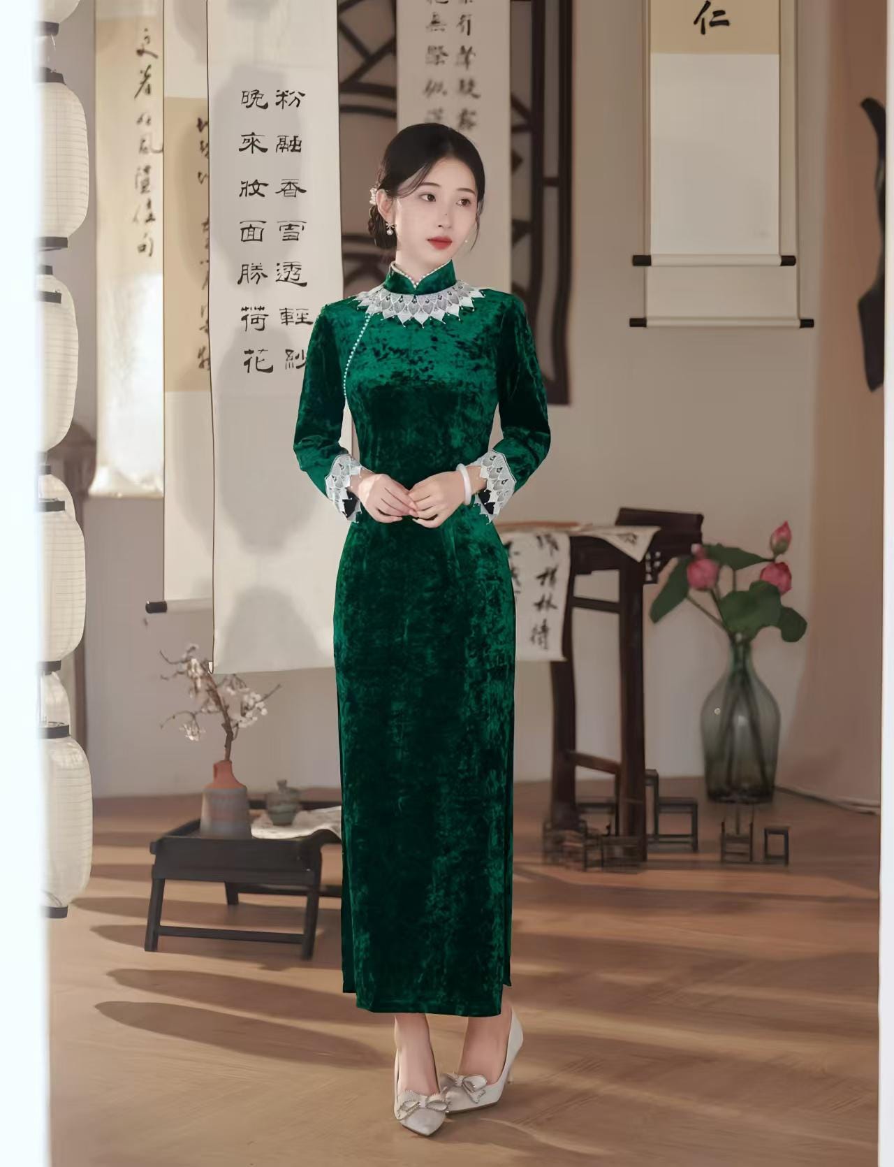 Velvet Qipao Dress, Purple Green Cheongsam Dress, Chinese Evening Dress, Vintage Long Tang Dress, Custom Made Formal Suit, Gift
