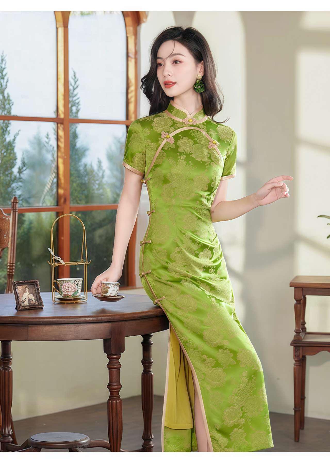 Qipao Brocado Verde, Elegante Cheongsam,Qipao Primavera Verano, Vestido Formal Oriental, Vintage,Cheongsam Invitada de Boda,Ceremonia del Té