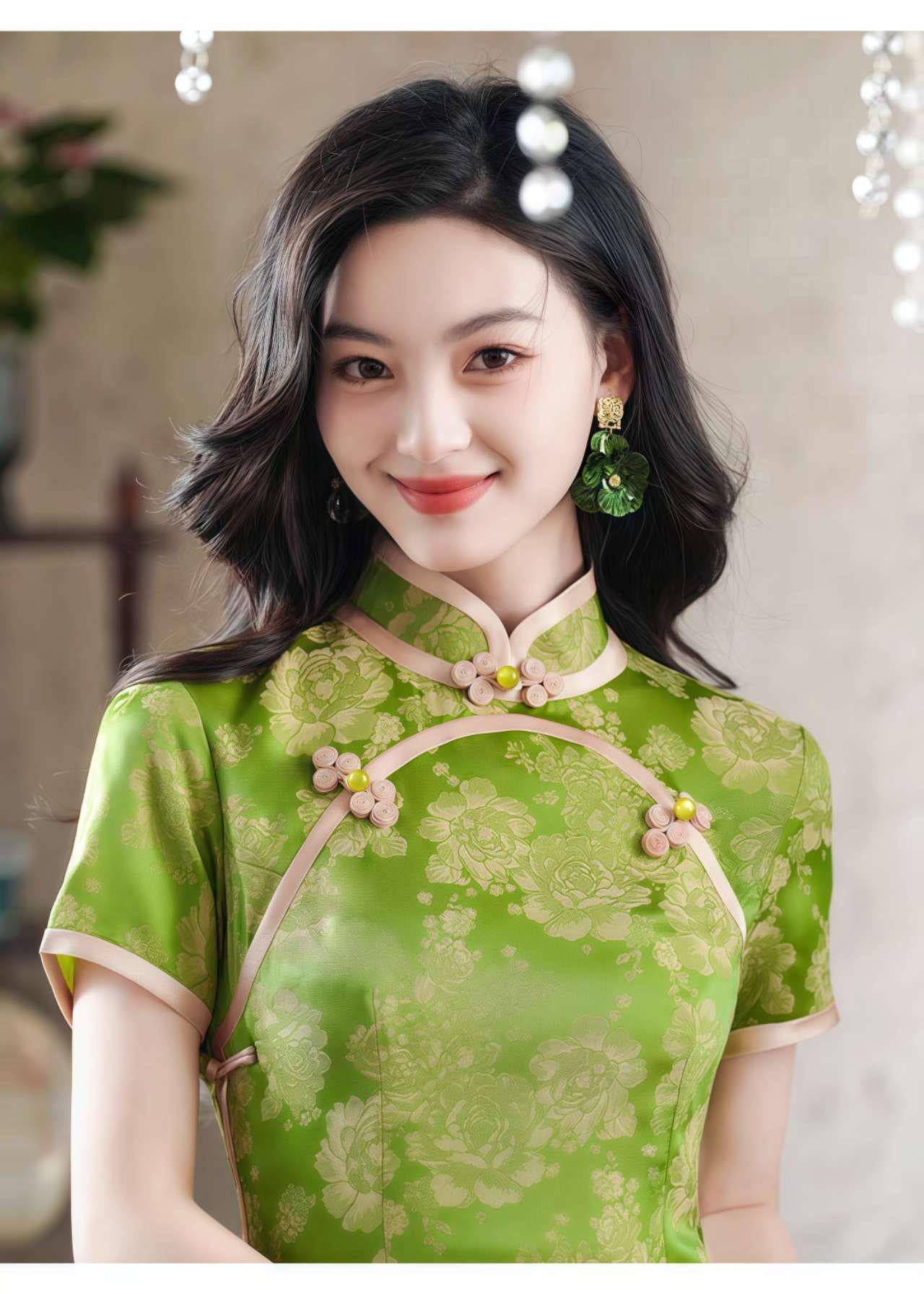Qipao Brocado Verde, Elegante Cheongsam,Qipao Primavera Verano, Vestido Formal Oriental, Vintage,Cheongsam Invitada de Boda,Ceremonia del Té