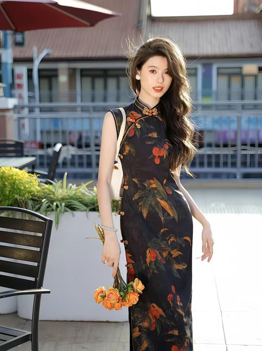 Sleeveless Cheongsam Qipao, Handmade Pumpkin Button Dress, Black Floral Fruit Print Dress, Vintage Chinese Party
