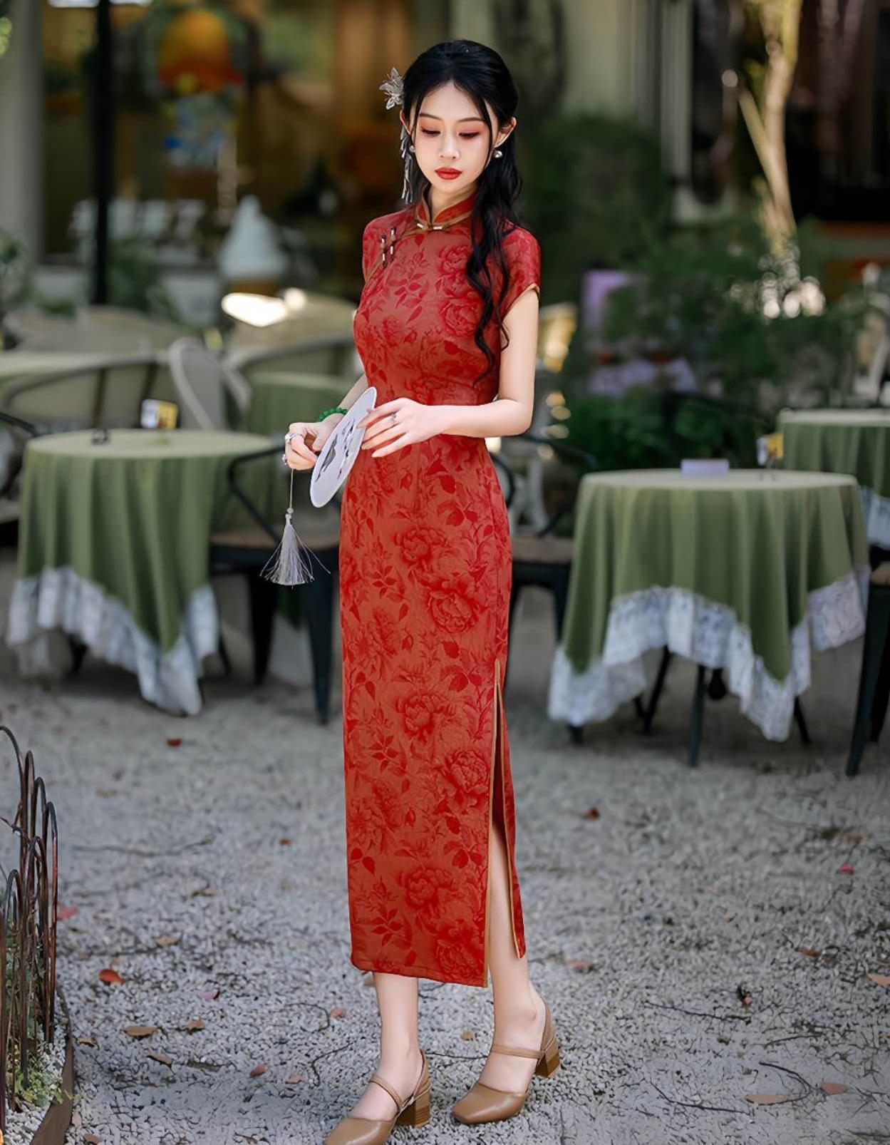 Vestido Qipao Brocado Rojo, Elegante Cheongsam Chino, Vestido Regalo Madre Asiática, Vestido Retro Té Oriental, Vestido Largo