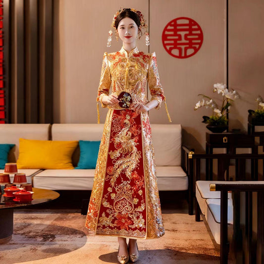 Champagne Gold Chinese Wedding Dress, Embroidered Phoenix Qun Kwa Gown, Vintage Oriental Bridal Cheongsam, Jacquard Brocade Wedding Suit, Gift