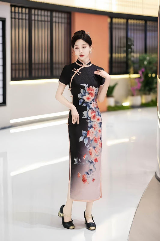 Cheongsam de Seda Negro, Vestido Qipao Floral, Vestido Formal Chino, Traje de Boda Retro, Vestido Vintage para Té, tallas grandes S-5XL